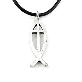 FORGIVEN JEWELRY Jesus Fish Large Ichthus Cross Antique Silver Finish Pendant Black Cord Necklace