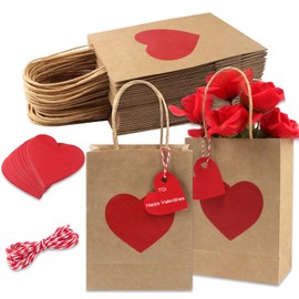 Jangostor 24 Pack Valentines Day Gift Bags with Tags Valentines Kraft Paper Bags Valentines Candy Bags with Handles Heart Love Party Favor Bags for Valentine's Day Wedding Anniversary Birthday Party