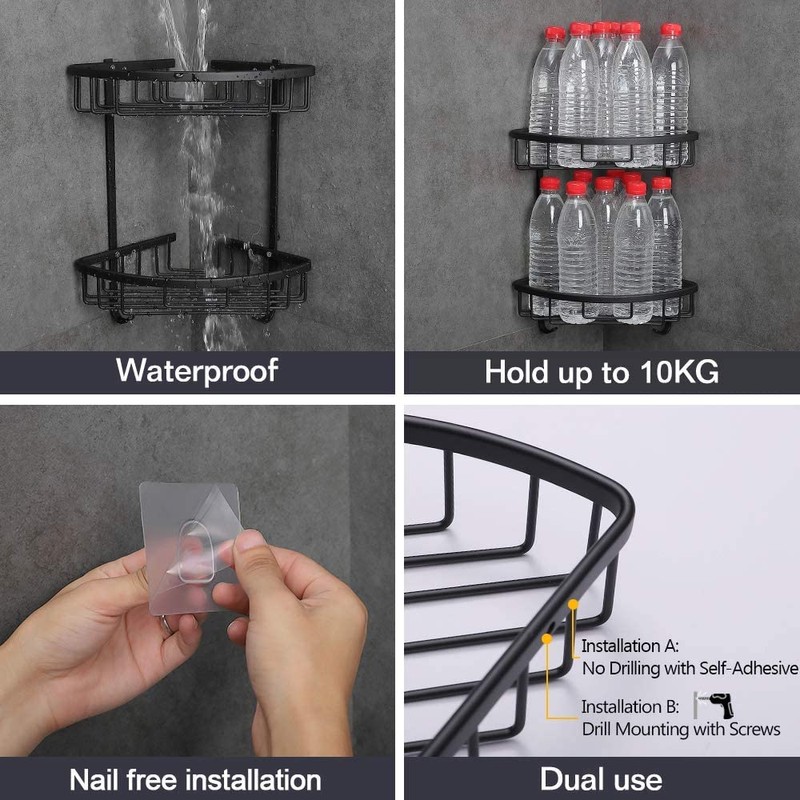 Gricol Corner Shower Basket, No Drilling Required, Aluminium with Hooks,