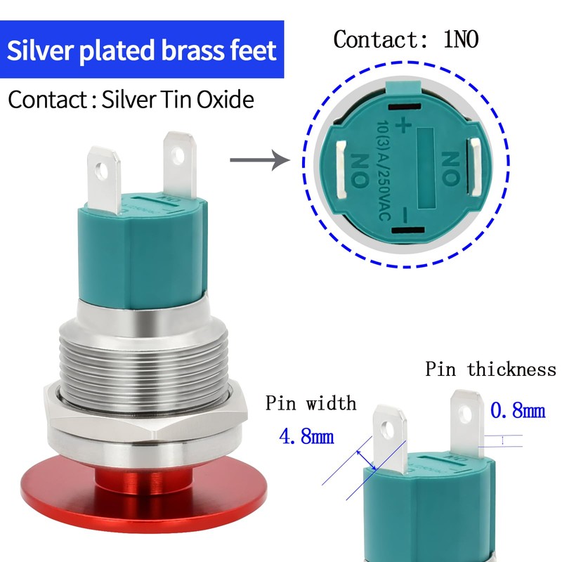 10 Amp 19mm Momentary Push Button Switch Red Mushroom Head