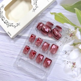 LOPMNGHT Valentine's Day Press on Nails Short Square Love Heart Glitter Powder False Nails Full Cover Valentine's Day Nails Press Ons Glossy Acrylic Coffin Nails 24Pcs Stick on Nails for Women