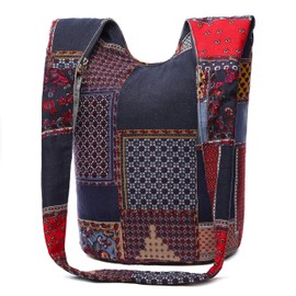 Women Shoulder Handbags Fashion canvas Hippie Crossbody Bags Bohemian Animal Prints Hobo Bags (Blue-Red)