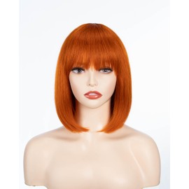 JOEDIR LUX Bob Straight Human Hair Orange Wig Wear and Go Glueless Wig with Bangs for Women's Daily Wear