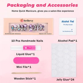 Sethexy Luxury Purple Rhinestone Handmade Fake Nail 3D Heart Crystals Long Coffin Press on Nails Butterfly Bow Bunny False Nail Salon Quality Nails for Women and Girls 10Pcs（A）