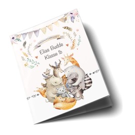 Olgs Homework Book Cover, Boho, Friends, Rabbit, Deer, Elephant, Raccoon, Turtle, Rhino, Protective Cover, Customisable