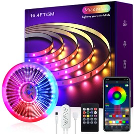 Micomlan 16ft/5M Led Strip Lights, Controller and Bluetooth APP Controlled Lights for Bedroom Home Decoration，Music Sync Color Changing RGB LED Lights with Remote Indoor