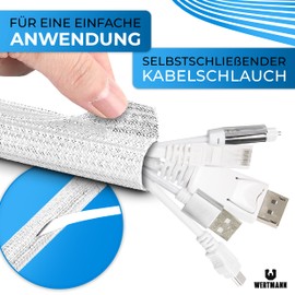 Wertmann Woven Cable Conduit White [3 m] as TV Cable Duct White or for PC as Cable Duct Desk - Diameter Adapts to [25-30 mm] - Cable Management Desk, Cable Protection Cat