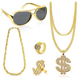 Herbst 80s Fancy Dress Accessories Gold Chain Costume, 5 Pieces Dollar Chain Gold Chain Men's Fancy Dress Carnival Costume Rings Sunglasses Gold Chain Set Rap Hip Hop Accessories, gold