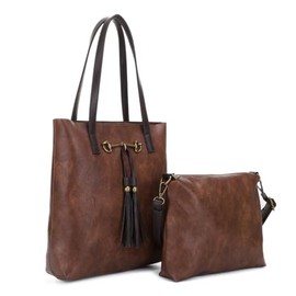 Liz Soto Jane Horsebit 2-in-1 Tote Bag - Coffee Vegan Leather Tote Bag for Women with Removable Crossbody Bag, Tassel Decor, Purses for Women for Work