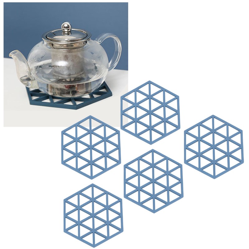 5pcs Table Mats Geometric Hex Shape Hollow Silicone Blue Insulation