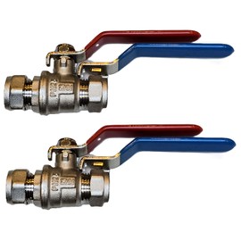 TC Pack of 2 x 15mm Lever Ball Valve Full Bore Compression Isolation Valve Red/Blue Dual Handle Shut Off Isolating Valve Full Flow - WRAS Approved