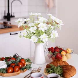 Rzoukler White Cosmos Artificial Flowers 8PCS Long Stem Silk Cosmos Artificial Flowers 25.6" Realistic Fake Clematis Flowers for DIY Home Kitchen Wedding Party Indoor Outdoor Decor (White)