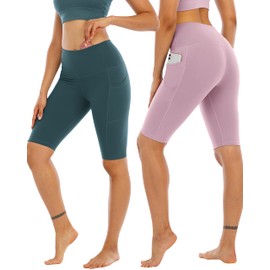 WHOUARE Paquete de 4 pantalones cortos de yoga con bolsillos para mujer, pantalones cortos de entrenamiento de cintura alta con control de abdomen, 4 paquetes # negro, pasta de frijoles rojos, gris azul, verde frijol, L