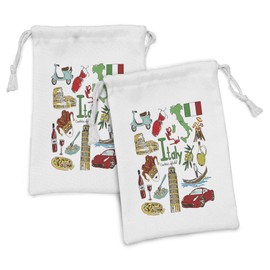 Ambesonne Italy Fabric Pouch Set of 2, Fun Colorful Sketch Artwork Italy Countries Alphabet Landmarks Food Culture, Small Drawstring Bag for Toiletries Masks and Favors, 9" x 6", Multicolor