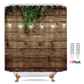 Riyidecor Rustic Farmhouse Shower Curtain Wooden Bran Door Green Leaves Antique Brown Wall Lights Bathroom Home Decor Waterproof Polyester 72WX72H Inch 12 Pack Hooks