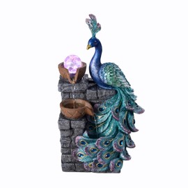 MAOCHI Tabletop Water Fountain Decor, Peacock with LED Glass Color Changing Globe,Relaxation Decorative Desktop Water Zen Fountain for Home/Office,Living Room Décor.13.78" Tall