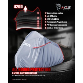 Motorcycle Cover Waterproof Outdoor, Heavy Duty All Season Weather Sun Protection with Storage Bag Vents Night Reflective Cotton Lining Lock Holes fits up to 104" Motorcycles Vehicle Covers