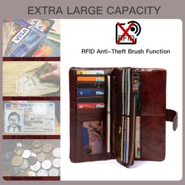 Tuskd land Women's Leather Wallet with RFID Blocking, Large Capacity, Zipper Closure, (Coffee)