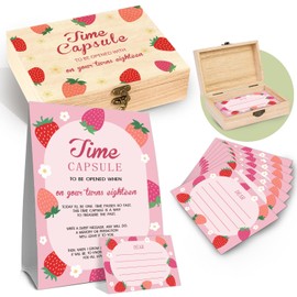 DEANHOT Strawberry Theme Memory Time Capsule Box, Baby 1st Birthday Party Table Card with 50 Cards 1 Time Capsule Sign, Baby Memorial Time Capsule Box for First Birthday, Baby Shower Time Capsule Box