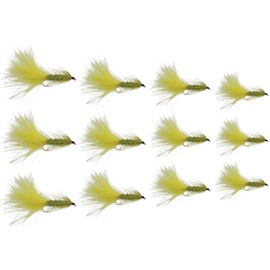 Bead Head Wooly Bugger Fly Fishing Flies for Trout and Other Freshwater Fish - One Dozen Wet Flies - 4 Size Assortment 6, 8, 10, 12 (3 of Each Size)/Hand Tied (Olive and Yellow)