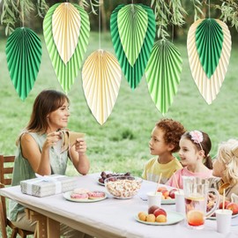 SUNBEAUTY Pack of 9 Paper Fan Decoration Hanging Garland Green Pale Yellow Leaf Paper Fan Party Decoration Set for Wedding Birthday Tea Party Table Decoration Classroom Baby Shower Backdrop Garland