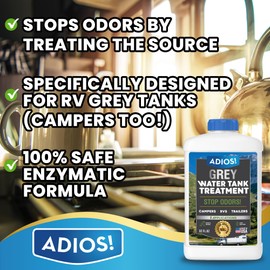 Adios! RV Grey Water Tank Treatment and Cleaner, Enzyme Deodorizer for Sink Drains for Camper Gray Tanks