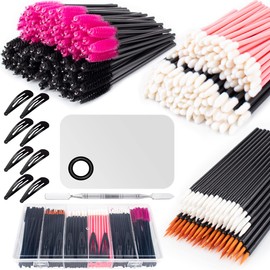 Kit de herramientas de maquillaje desechables de 281 piezas, incluye paleta de mezcla de maquillaje de acero inoxidable con espátula, caja organizadora de plástico, pinzas para el pelo, brochas de delineador de ojos, varitas de rímel y aplicadores de láp