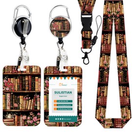Floral Bookshelf Lanyards for Id Badges - Cosmisun Book Lover ID Badge Holder with Lanyard Badge Reel Retractable ID Holder Keychain Clip Card Protector for Nurse Students Women Teacher Office Gifts