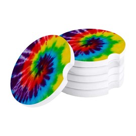 Vibiliyou Set of 2 Pack Easy Removal of Auto Cup Holders Ethnic Rainbow Car Coasters,Tie-dye Pattern Durable Absorbent Ceramics Car Accessories,Ideal for Housewarming,Kitchen and Bar Decor