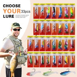 33pcs Spinnerbait Fishing Lures Kit Rooster Bait Tail Spinners Metal Spoon Lures with Feathered Treble Hooks Bass Walleye Trout Swimbait Jigs Head Kit