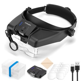 COYLAPY Magnifying Glasses with Light, Versatile Magnifying Glasses for Close Work, 1x - 14x Headband Magnifier with 5 Lenses & Two Led Lamps, Hands-Free Jewelers Loupe Visor for Hobby, Crafts