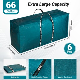 66 Gallon Extra Large Storage Bags 6 Pack – Teal XXL Heavy Duty Waterproof Moving Tote Bags for College Dorm, Travel, Clothes & Bedding Foldable Zippered Duffle with Handles
