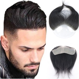 Hombre Tupé Tupé de Pelo Liso for Hombre, línea de Cabello Frontal Estilo V for Hombres, 100% Cabello Humano Remy, 0,06mm, Piel Ultrafina, Base de PU, prótesis capilar for Hombres Peluca Hombre (Colo