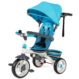 Costzon Tricycle for Toddlers, 6 in 1 Trike w/Parent Handle, Adjustable Canopy, Storage, Safety Harness & Wheel Brakes, Baby Push Tricycle Stroller for Kids Boys Girls Aged 9 Month-5 Years Old, Blue