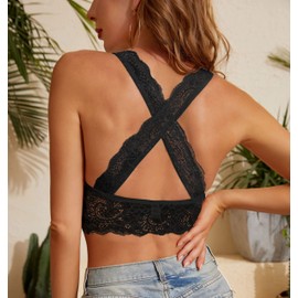 SHEKINI Padded Non Wired Bras for Women Deep V Neck Lace Bralette Cross Back Wireless Bustier Plus Size Soft Comfort Everyday Bra Black