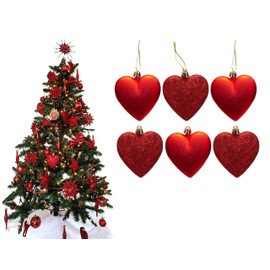 6pc Large Glitter & Matte Heart Baubles - Great Christmas Tree Decorations, Heart Baubles (Red)