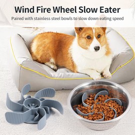 Generic Slow Feeder Dog Bowl Insert with Suction Cups Dog Anti-Choking Slow Eating Feeder Insert for Medium Breed Large Sized Dog, Fit into Basic Bowls and Elevated Dog (Gray+Stainless Steel Basin)