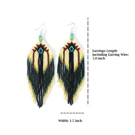 Long Beaded Dangle Earrings – Boho Native Handmade Seed Bead Tassel Bohemian Large Statement Drop Fringes for Women (Dark Green)
