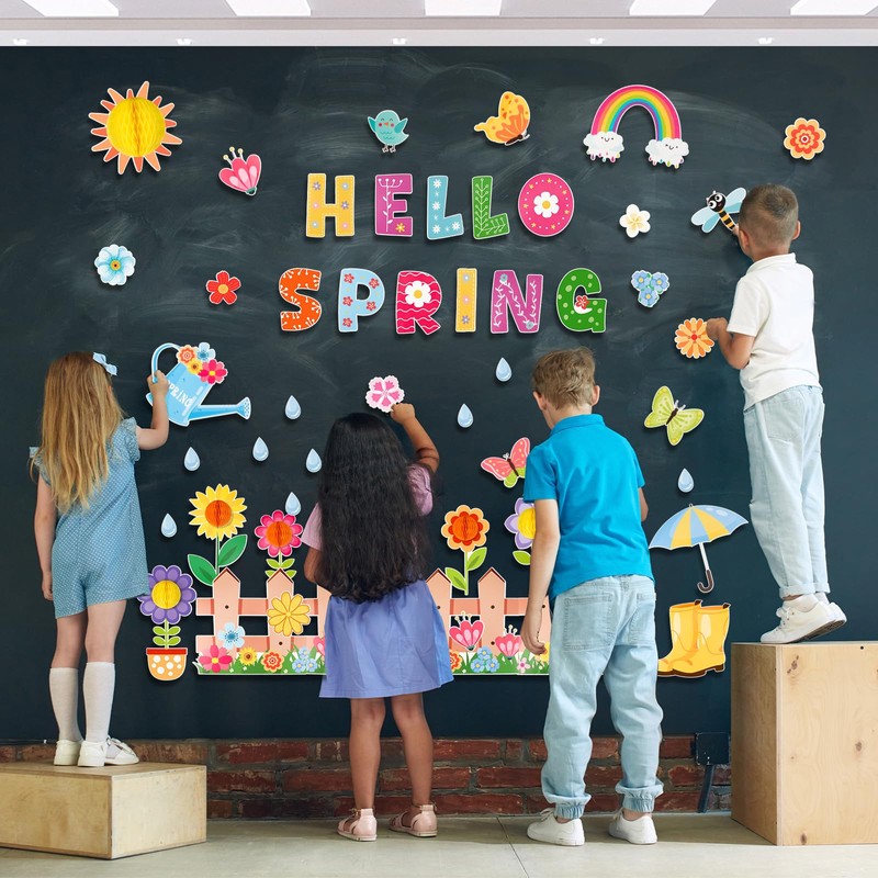 Konsait Spring Bulletin Board Decorations, 59Pcs Raindrop Flower Hello Spring