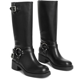 AMINUGAL Black Knee High Boots Women Square Toe Pull On Boots Wide Calf Riding Boots Festival Buckles Chunky Boots Metallic Casual Vintage Buckle Rivet Boots Size 9.5