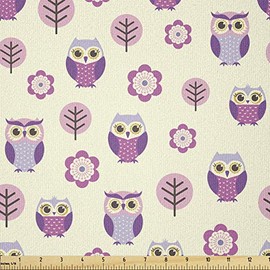 Lunarable Owls Fabric by The Yard, Owl Cartoon Pattern Feminine Soft Colors Happy Springtime, Stretch Knit Fabric for Clothing Sewing and Arts Crafts, 3 Yards, Yellow Purple