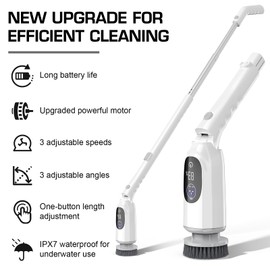 Shower Scrubber, Electric Spin Scrubber with 2025 New Upgraded Motor, User-Friendly Design, 3 Adjustable Angles & Speeds, 8 Brush Heads for Cleaning Bathroom, Car Wash Brush for Tire, Windshield