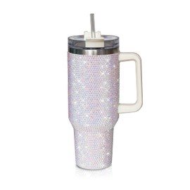 Cuteolivia - Vaso de 40 onzas con asa con tachuelas con tapa y pajita aislada de acero inoxidable de doble pared, taza de agua de viaje para mujeres (40 onzas, 1200 ml, blanco)