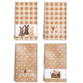 Macarrie 4 Pcs Watercolor Easter Kitchen Towels,Easter Egg Bunny Rabbit Dish Towel,17x26 Inch Bathroom Hand Towel,Absorbent Rustic Spring Tea Towel for Kitchen Bath Decor(Brown,Plaid Dots)