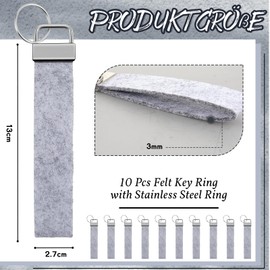 Nuenen Pack of 10 13 x 2.7 cm Felt Key Rings with Stainless Steel Ring Felt Key Ring for Crafts DIY Decoration Felt Pendant Lanyard Lucky Charm for Bag Car (Grey)