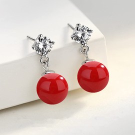 YAXUN 925 Sterling Silver Pearl Earrings for Women, Austrian Crystals Diamond Stud Earrings with Red Pearl Drop Earrings Fashion Jewellery Gifts
