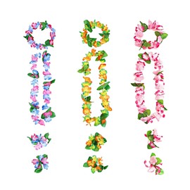 Pack of 3 Hawaiian Necklaces, Hawaii Flower Chain, Flower Chain, Hair Band, Bracelets, Grass Skirt, Party Costume Accessories, Flower Chain for Cheerleading, Birthday, Carnival, Beach Parties