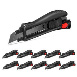 HAUTMEC 10PCS 18mm Utility Knife Box Cutter with Safety Quick Change Button, Snap off Black SK2 Ultra Sharp Blade, Anti-Slip Ergonomic Rubber Handle for Leather, Rubber, Cartons, Boxes HT0081-10PC