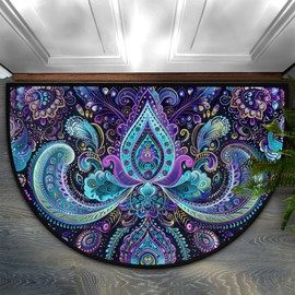 Ethnic Flower Colorful Half Round Door Rug Indoor Entrance Washable Half Circle Area Rugs Non Slip Half Moon Rug Semi Circle Bathroom Mat Floor Carpet for Kithen Bedroom Fireplace Decor