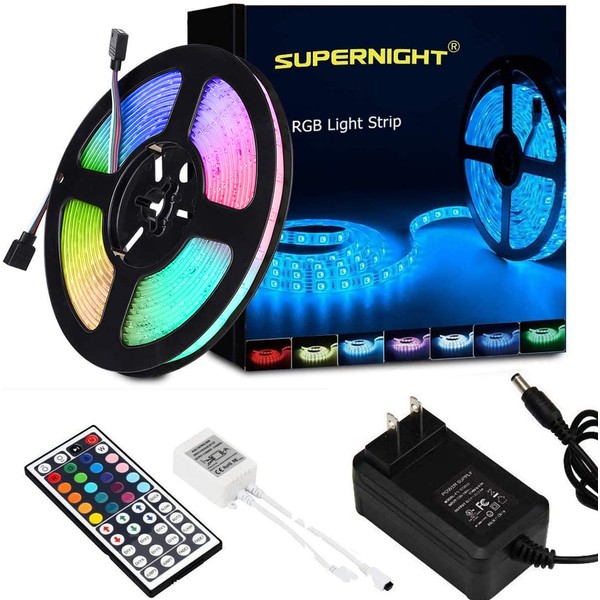 SUPERNIGHT LED Strip Lights, RGB Color Changing 16.4Ft SMD5050 LEDs Flexible Light Strip Rope Lighting Kit with 44 Key Remote Controller and 12V Power Supply for Bedroom TV Backlight Christmas